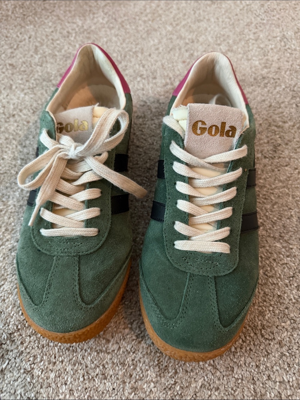 Gola Green Suede Athletic Sneakers with Navy Stripes